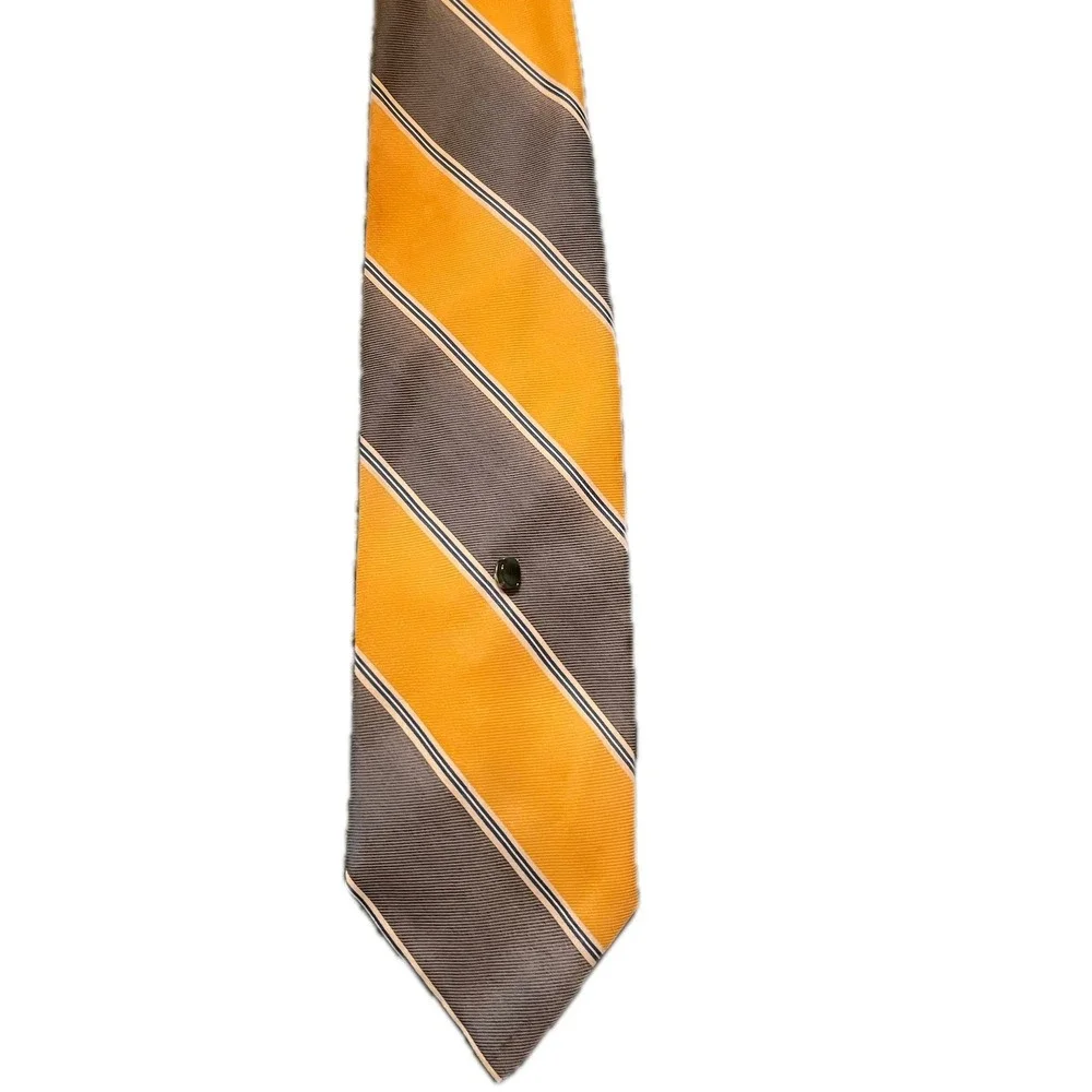 Vintage 70s De Carlo Striped Necktie Yellow Grey White Diagonal Silk Blend Tie